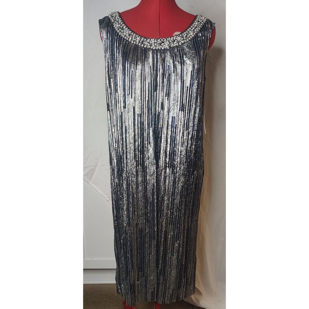 NWT R&M Richards Beaded Jacket Sheath Dress 2 Piece Set Size 12 Navy/Silver 3377 - Picture 3 of 9